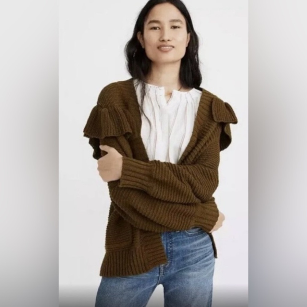 Madewell Olive Green Chunky Knit Ruffle Open Front Cardigan Sweater Small